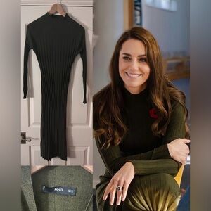 Mango 'Flurry' Ribbed Knitted Midi Dress in Khaki - ASO Kate Middleton Royal